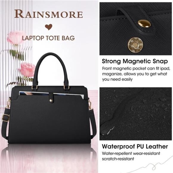 RAINSMORE Laptop Bag for Women 15.6 Inch Laptop Tote Bag Leather Work Bag - Picture 3 of 7